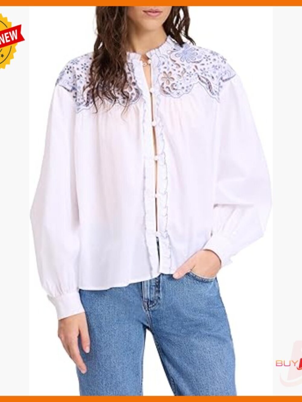 Floral Embroidered Cotton Button-Down Blouse Size M
